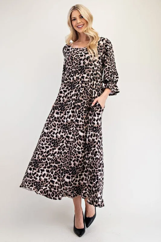 Celeste Full Size Leopard Round Neck Flounce Sleeve Dress sold by Charming Charlie
