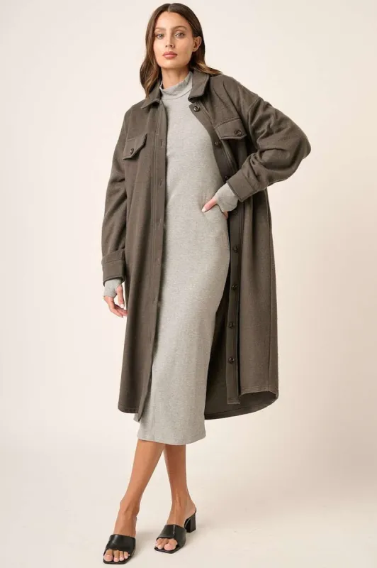 Mittoshop Button Up Drop Shoulder French Terry Longline Jacket sold by Charming Charlie