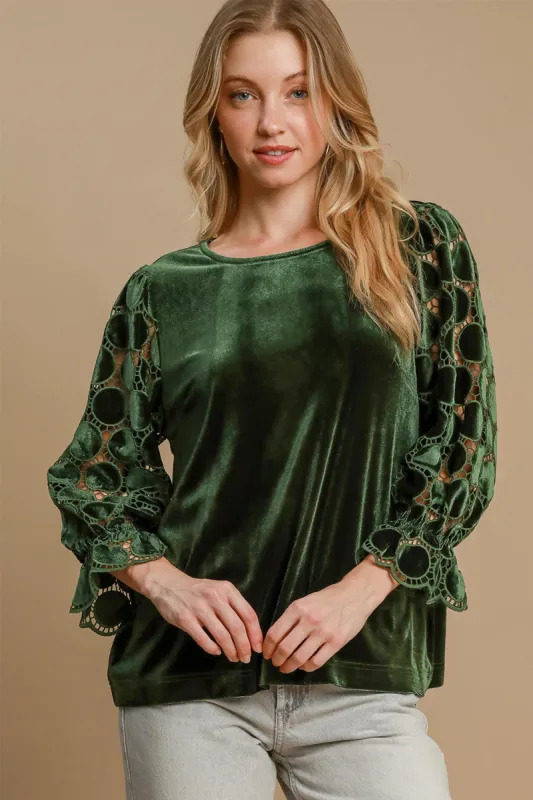 Umgee Polka Dot Lace Long Sleeve Round Neck Blouse sold by Charming Charlie