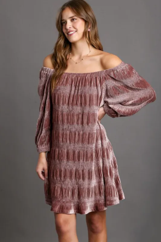 Umgee Off-Shoulder Balloon Sleeve Velvet Mini Dress sold by Charming Charlie