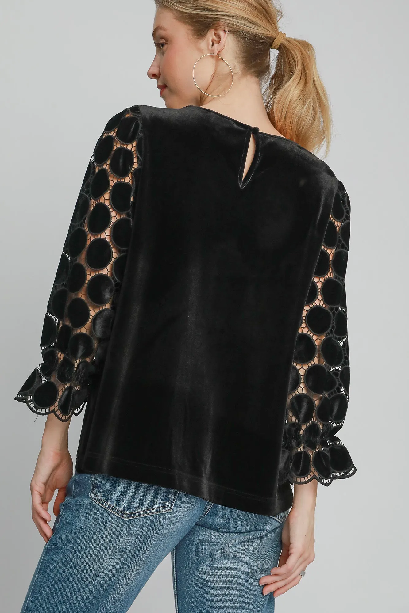 Umgee Polka Dot Lace Long Sleeve Round Neck Blouse sold by Charming Charlie product image thumbnail 2