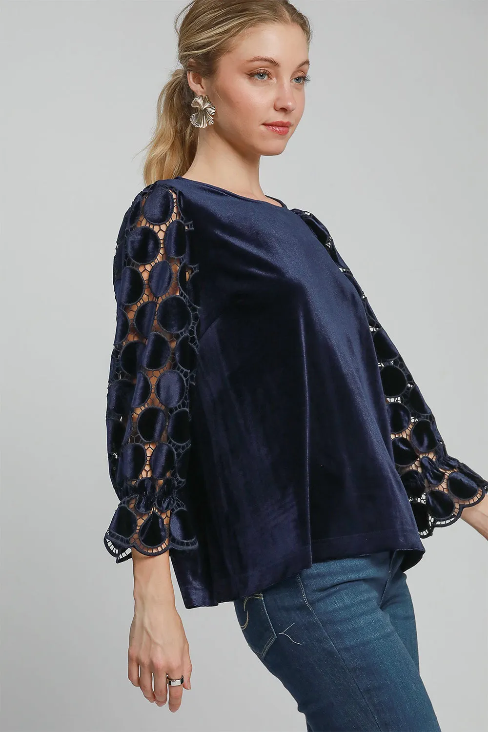 Umgee Polka Dot Lace Long Sleeve Round Neck Blouse sold by Charming Charlie product image thumbnail 3