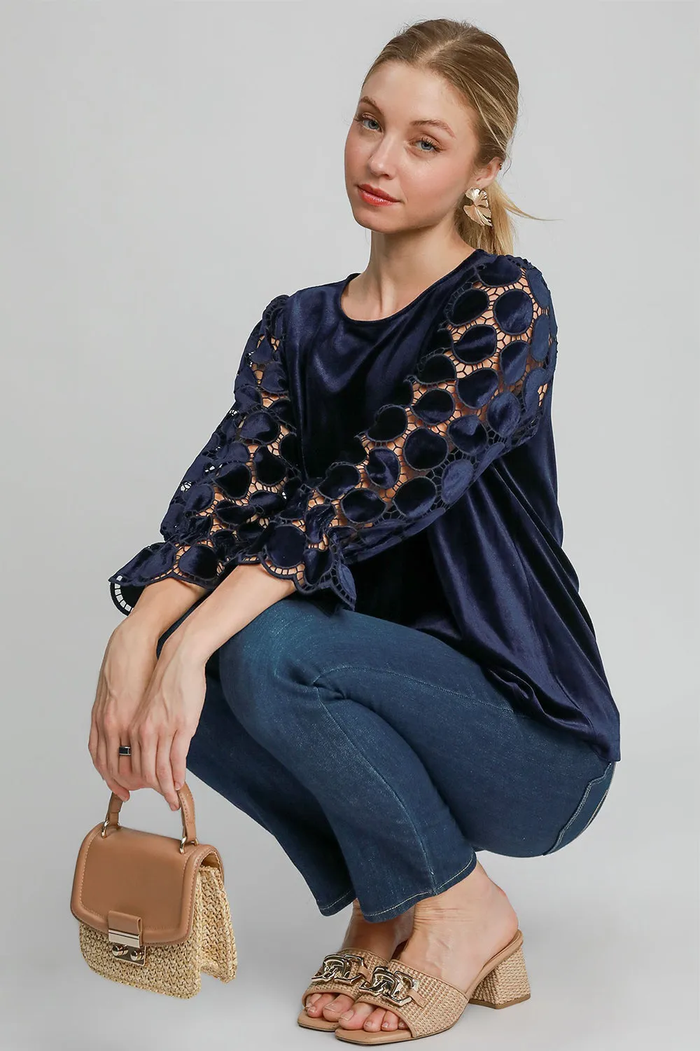 Umgee Polka Dot Lace Long Sleeve Round Neck Blouse sold by Charming Charlie product image thumbnail 4