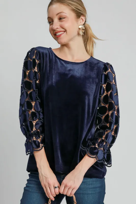 Umgee Polka Dot Lace Long Sleeve Round Neck Blouse sold by Charming Charlie