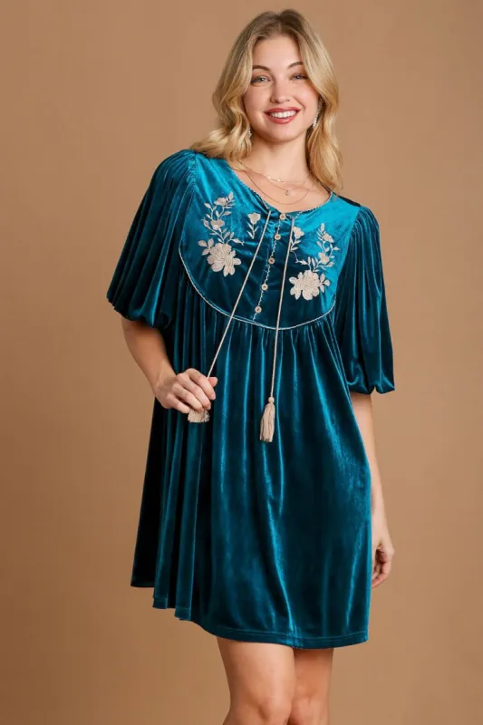 Umgee Embroidered Half Sleeve Velvet Mini Dress with Tassel sold by Charming Charlie
