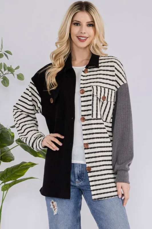 Celeste Full Size Striped Button Up Dropped Shoulder Shacket sold by Charming Charlie