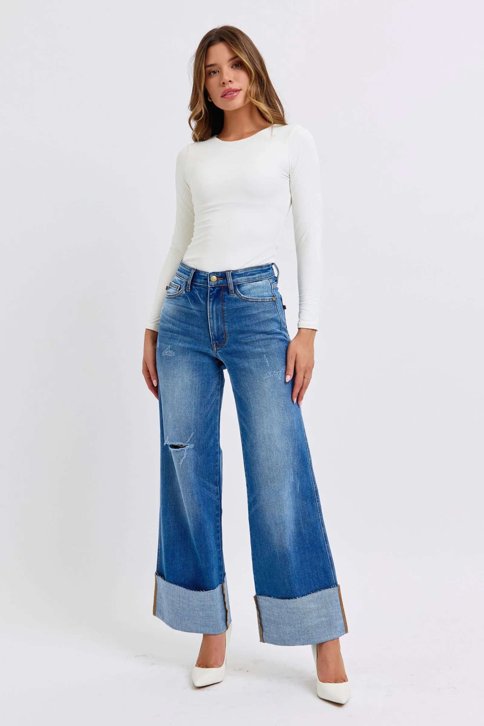 Judy Blue Full Size Distressed High Waist Wide Leg Jeans sold by Charming Charlie product image thumbnail 5