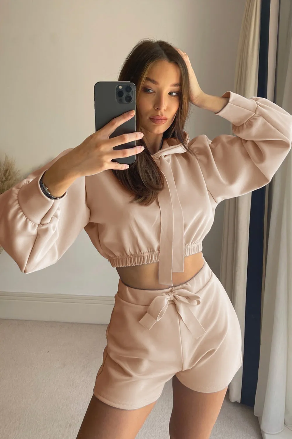 Drawstring Long Sleeve Hooded Top and Shorts Set sold by Charming Charlie