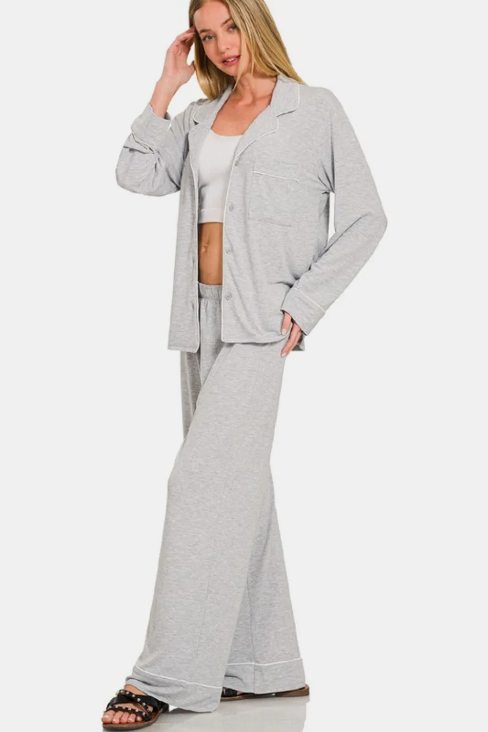 Zenana Button Down Long Sleeve Top and Pants Lounge Set sold by Charming Charlie product image thumbnail 3