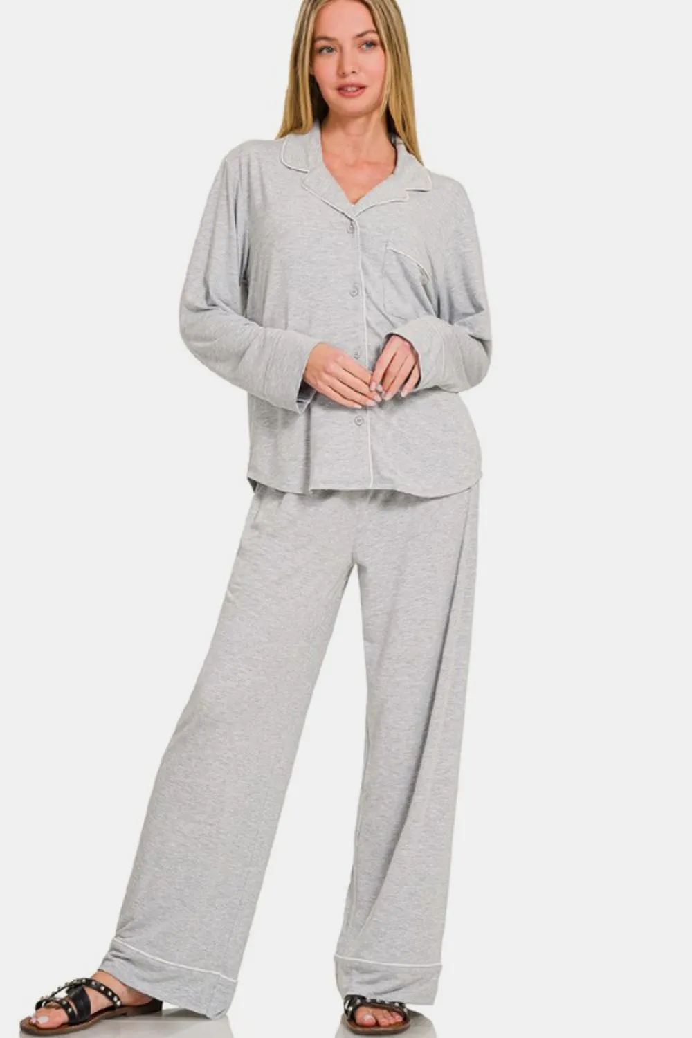Zenana Button Down Long Sleeve Top and Pants Lounge Set sold by Charming Charlie