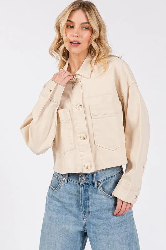 bytos Button Down Cropped Denim Jacket with Patch Pockets sold by Charming Charlie