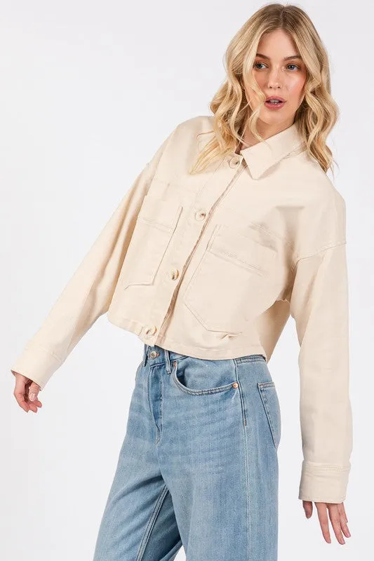 bytos Button Down Cropped Denim Jacket with Patch Pockets sold by Charming Charlie product image thumbnail 3