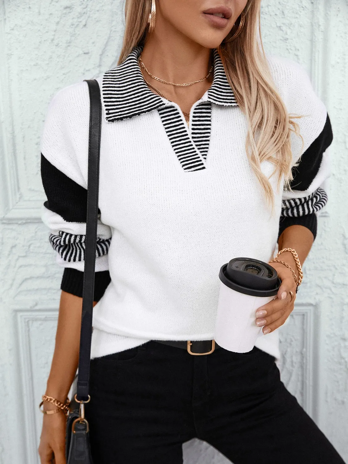 Striped Johnny Collar Drop Shoulder Sweater sold by Charming Charlie product image thumbnail 3