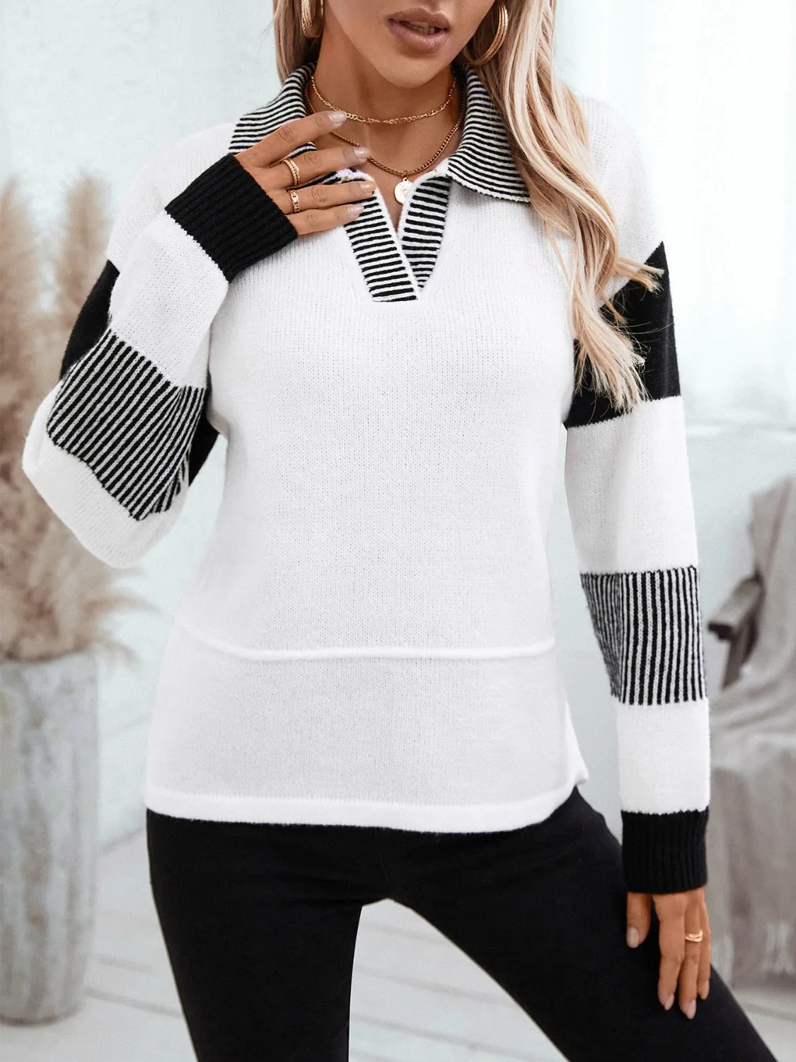 Striped Johnny Collar Drop Shoulder Sweater sold by Charming Charlie product image thumbnail 4