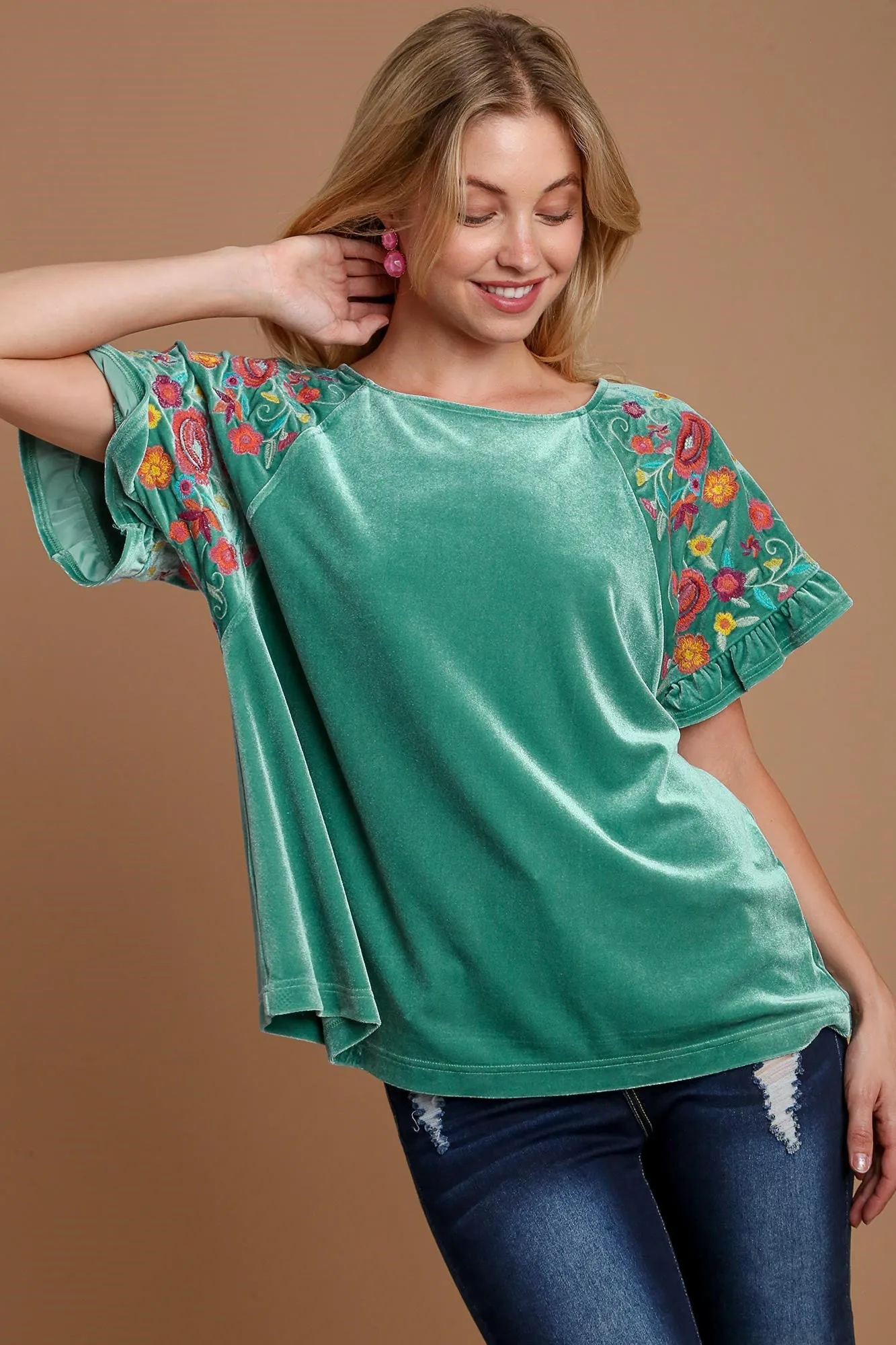 Umgee Velvet Embroidery Short Sleeve Blouse sold by Charming Charlie