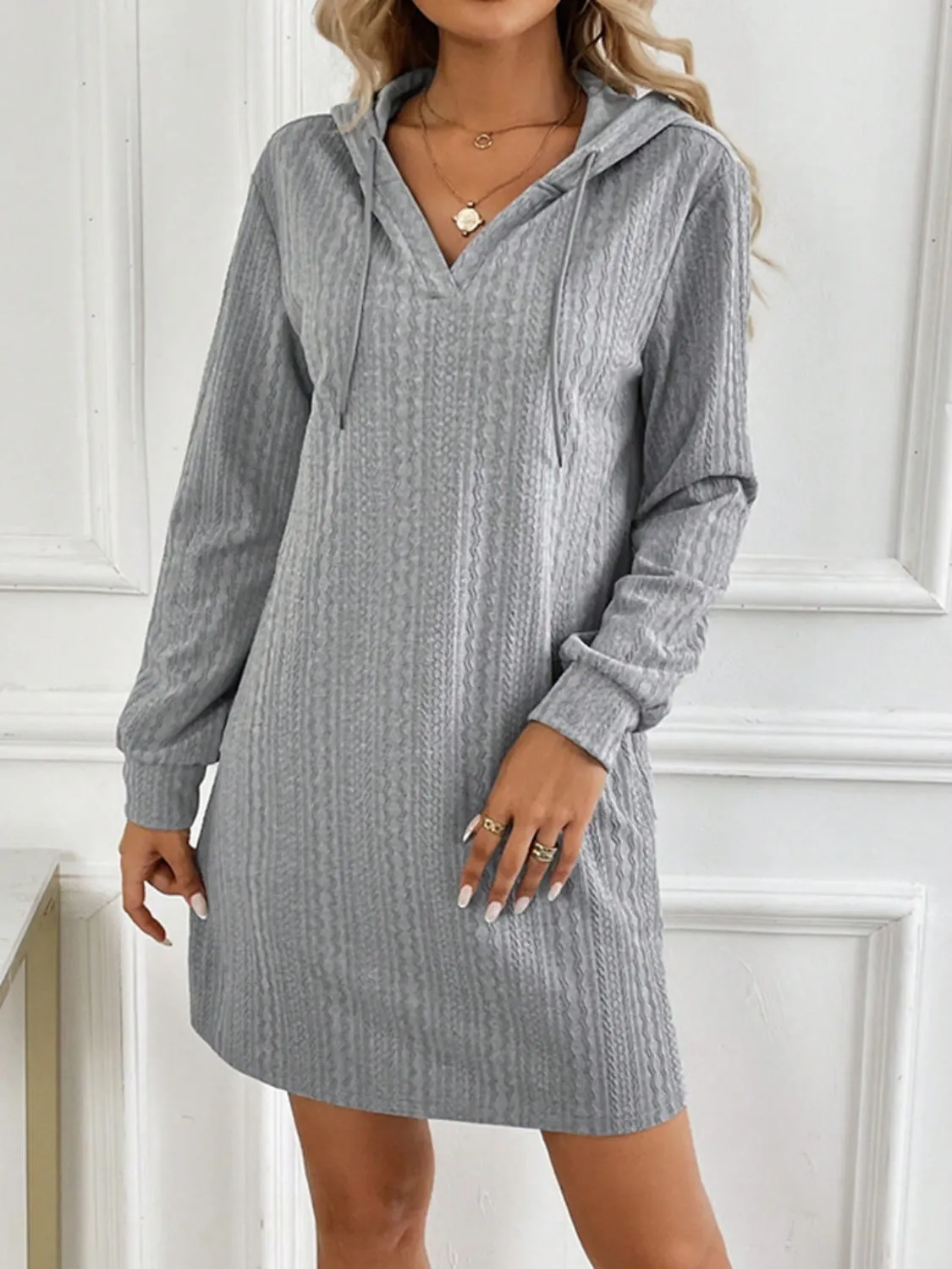Drawstring Long Sleeve Hooded Mini Dress sold by Charming Charlie