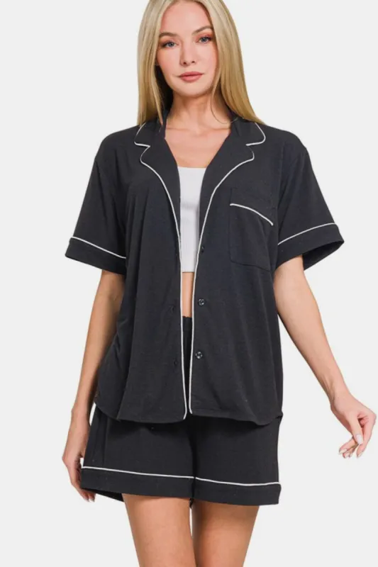 Zenana Button Down Short Sleeve Top and Shorts Lounge Set sold by Charming Charlie