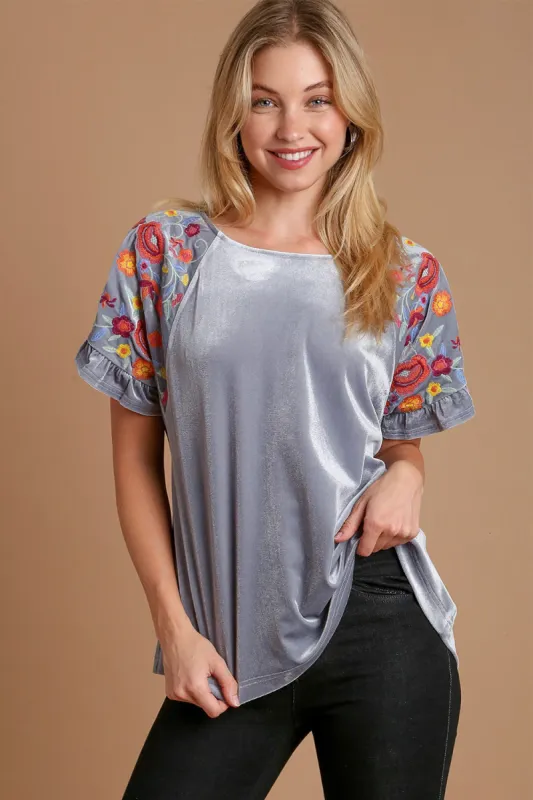 Umgee Velvet Embroidery Short Sleeve Blouse sold by Charming Charlie