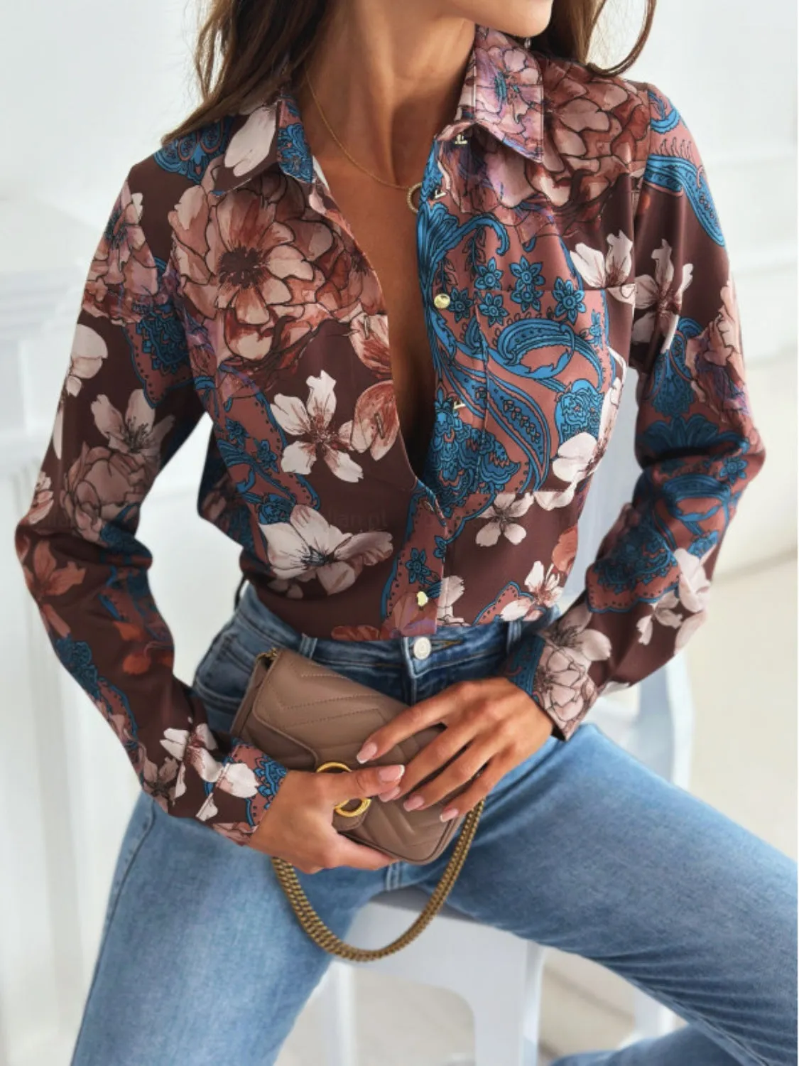 Full Size Printed Collared Neck Long Sleeve Shirt sold by Charming Charlie product image thumbnail 4