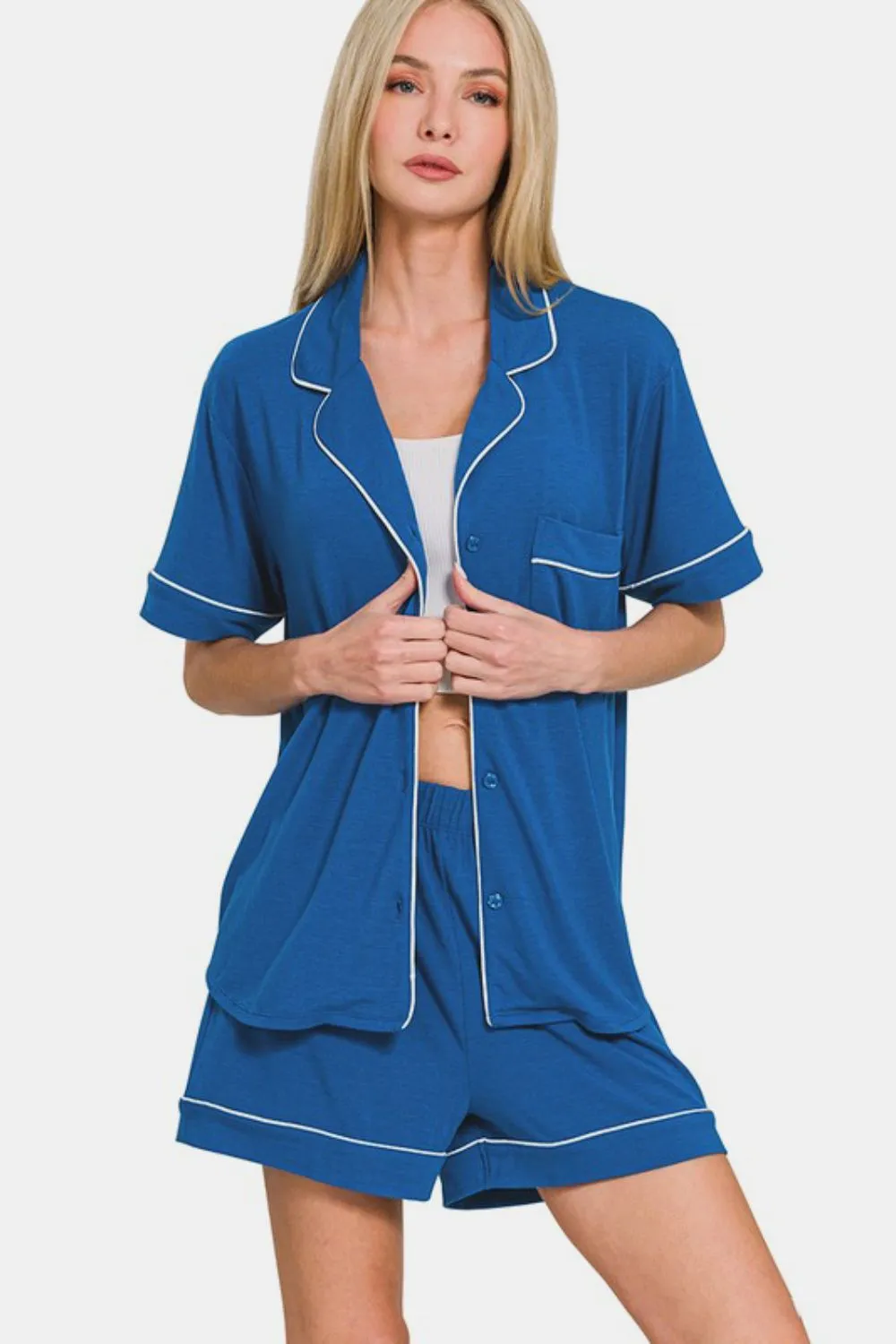 Zenana Button Down Short Sleeve Top and Shorts Lounge Set sold by Charming Charlie product image thumbnail 3