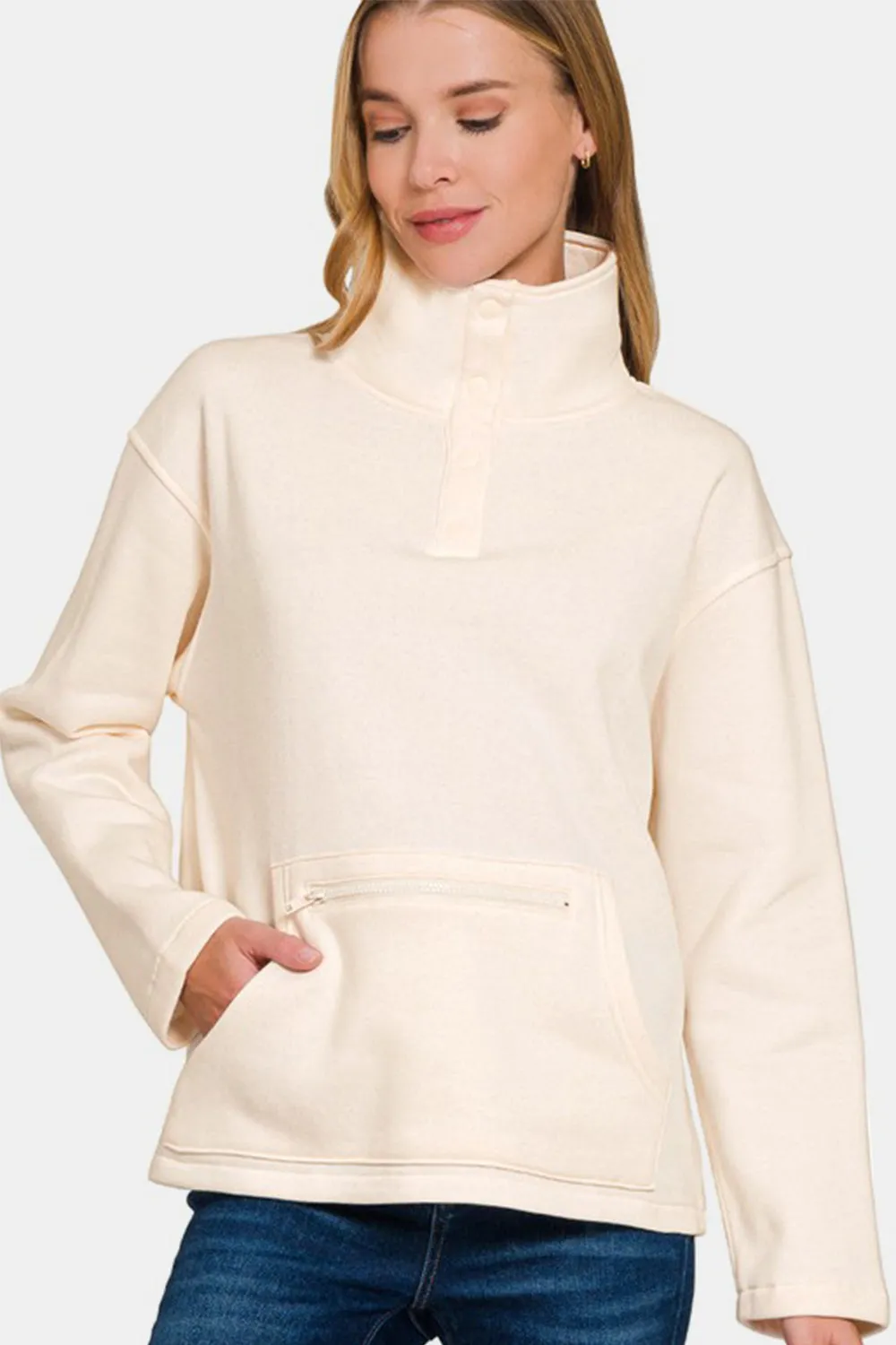 Zenana Turtleneck Half Snap Fleece Sweatshirt sold by Charming Charlie product image thumbnail 3