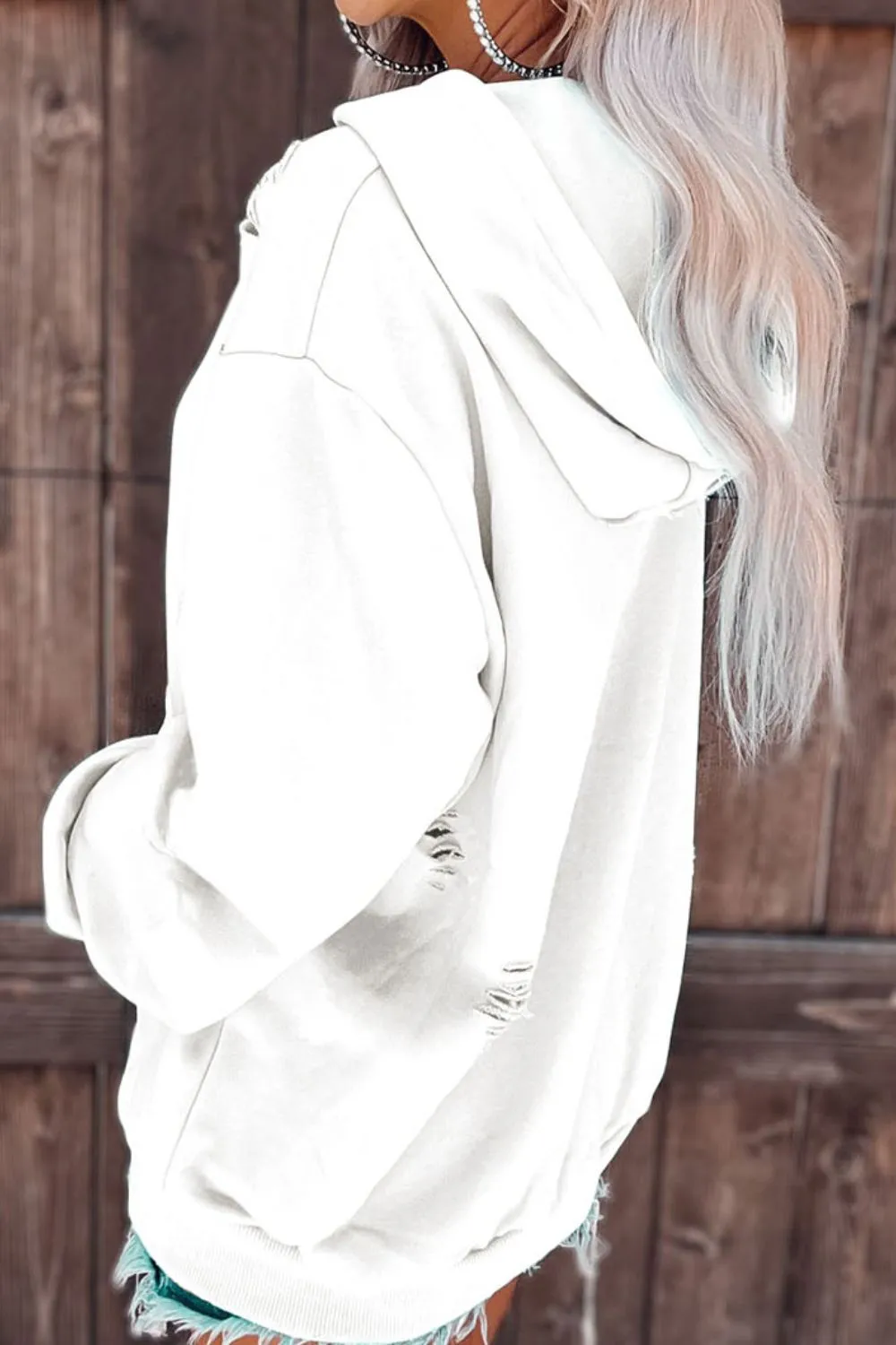 Distressed Drawstring Long Sleeve Hoodie sold by Charming Charlie product image thumbnail 3