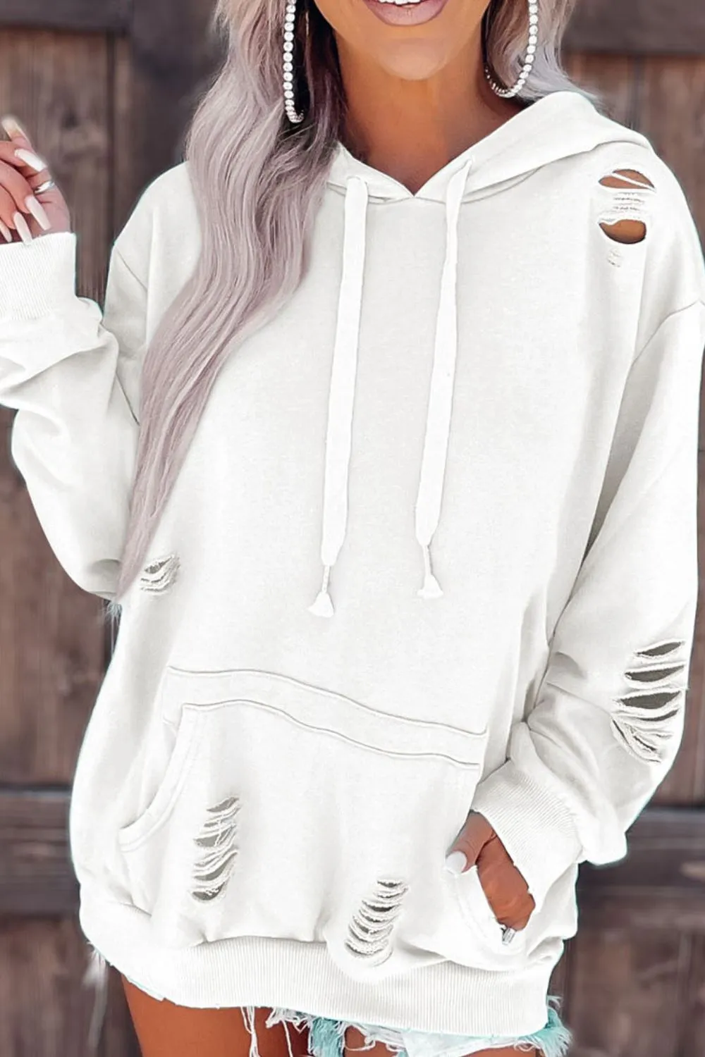 Distressed Drawstring Long Sleeve Hoodie sold by Charming Charlie product image thumbnail 2