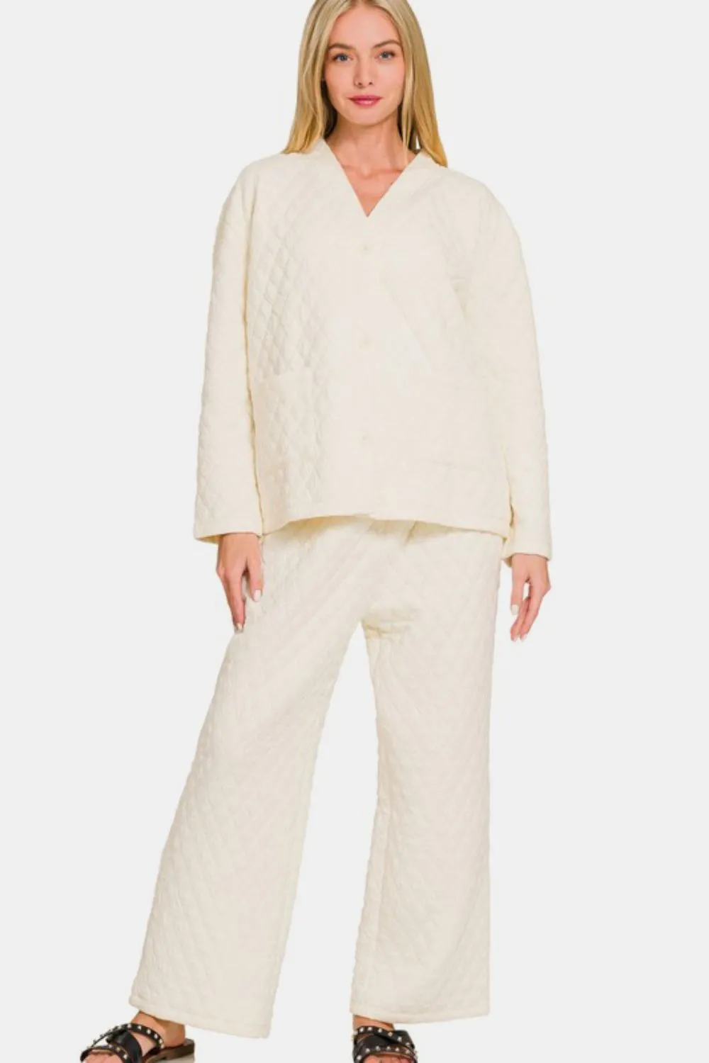 Zenana Quilted Button Up Long Sleeve Top and Pants Lounge Set sold by Charming Charlie