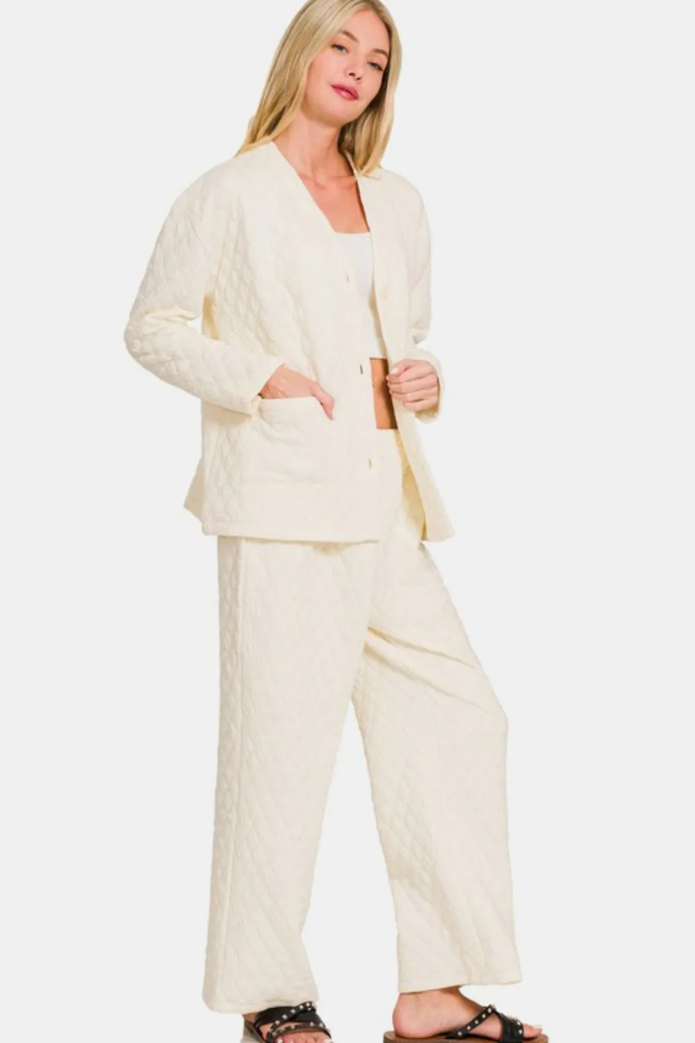 Zenana Quilted Button Up Long Sleeve Top and Pants Lounge Set sold by Charming Charlie product image thumbnail 2