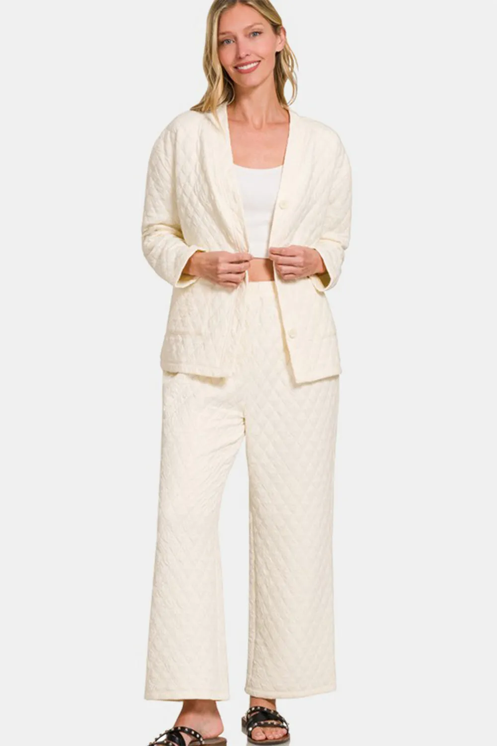Zenana Quilted Button Up Long Sleeve Top and Pants Lounge Set sold by Charming Charlie product image thumbnail 3