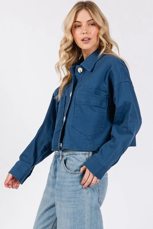 bytos Button Down Cropped Denim Jacket with Patch Pockets sold by Charming Charlie product image thumbnail 3