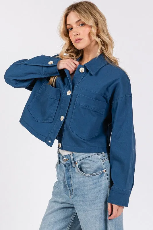 bytos Button Down Cropped Denim Jacket with Patch Pockets sold by Charming Charlie product image thumbnail 4