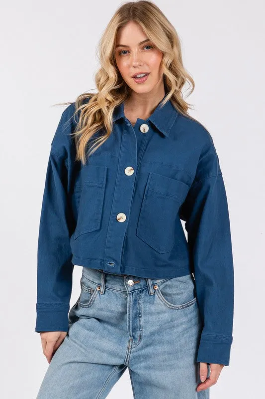 bytos Button Down Cropped Denim Jacket with Patch Pockets sold by Charming Charlie