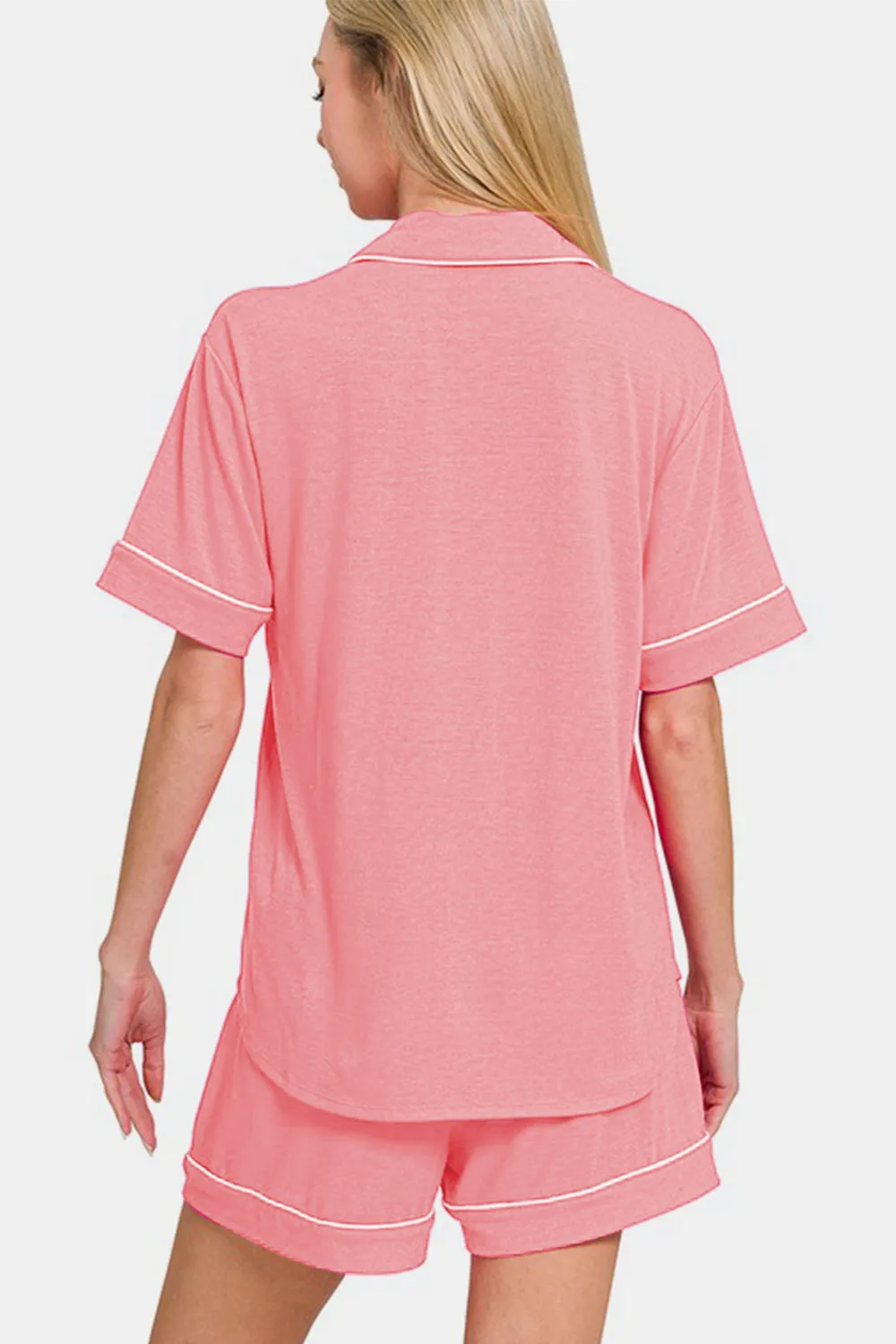 Zenana Button Down Short Sleeve Top and Shorts Lounge Set sold by Charming Charlie product image thumbnail 2