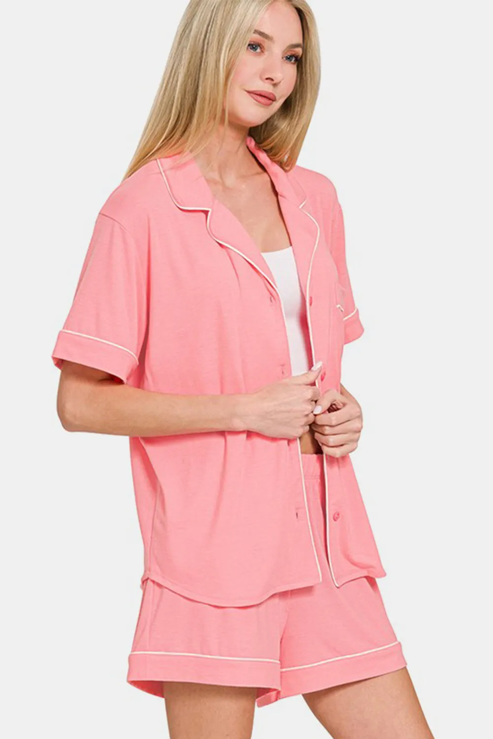 Zenana Button Down Short Sleeve Top and Shorts Lounge Set sold by Charming Charlie product image thumbnail 3
