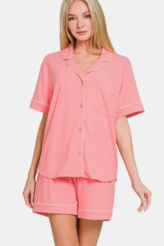 Zenana Button Down Short Sleeve Top and Shorts Lounge Set sold by Charming Charlie