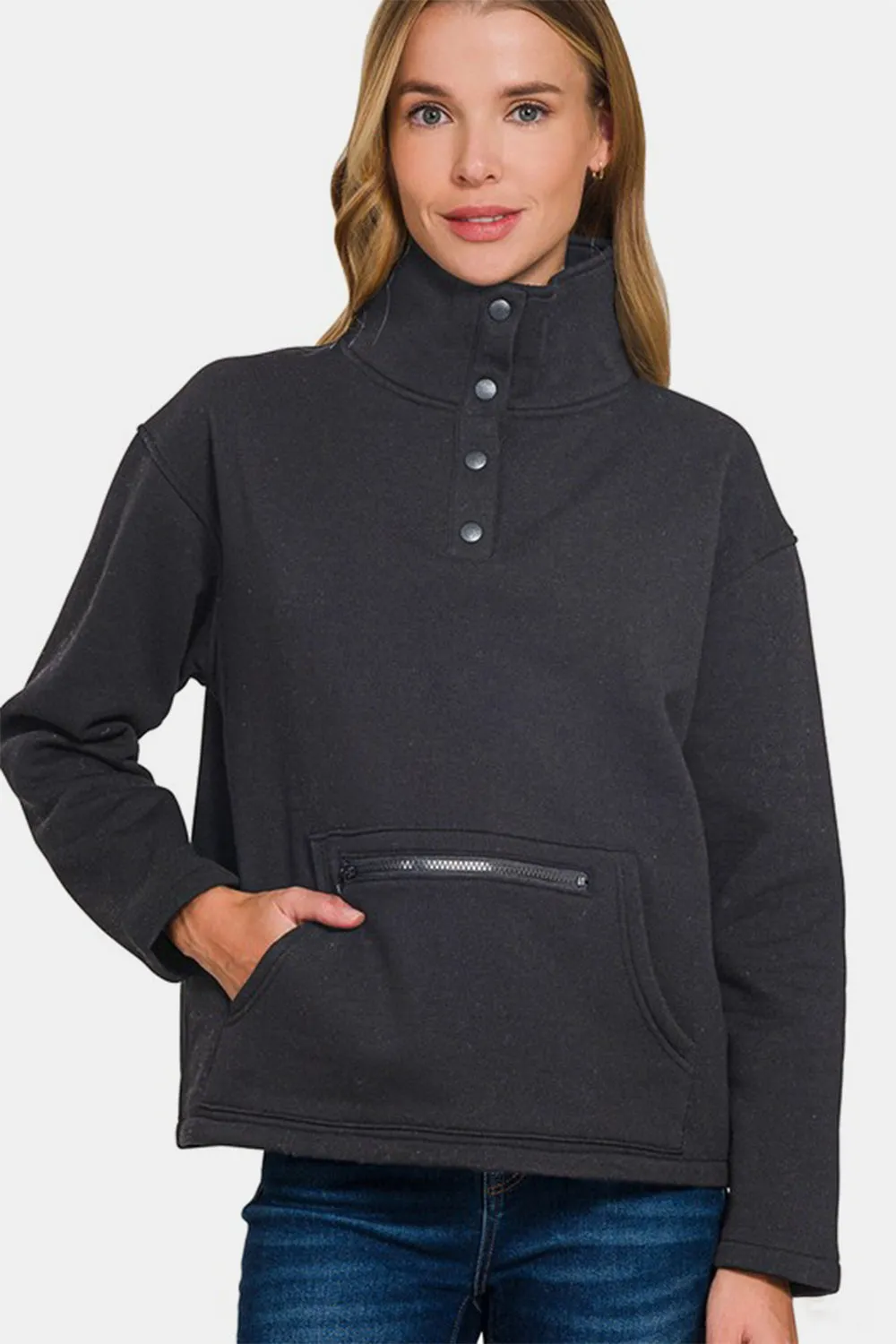 Zenana Turtleneck Half Snap Fleece Sweatshirt sold by Charming Charlie