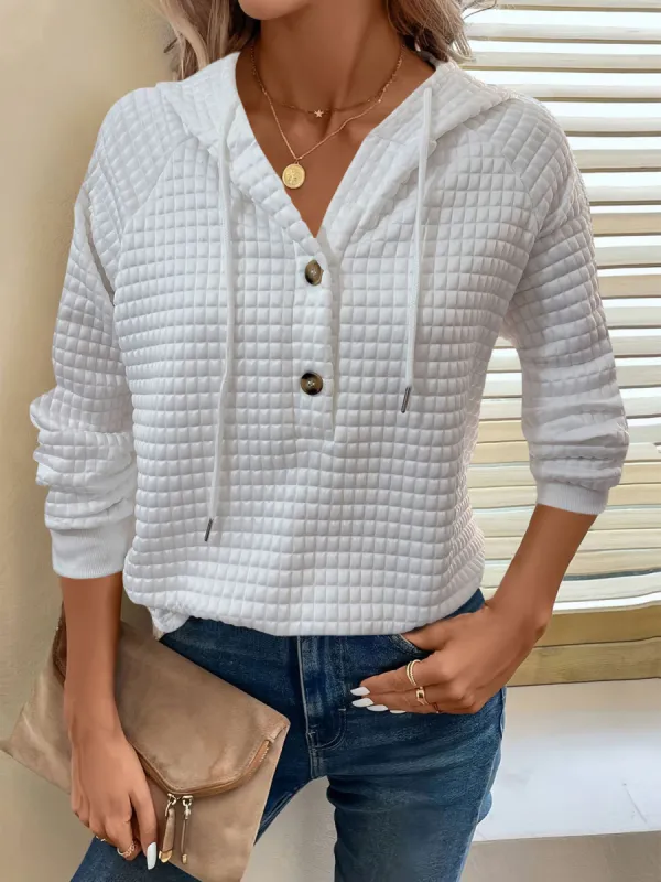 Full Size Texture Button Detail Drawstring Long Sleeve Hoodie sold by Charming Charlie