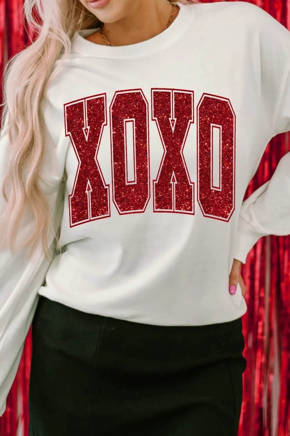 Valentine’s Day XOXO Glitter Round Neck Sweatshirt sold by Charming Charlie product image thumbnail 3