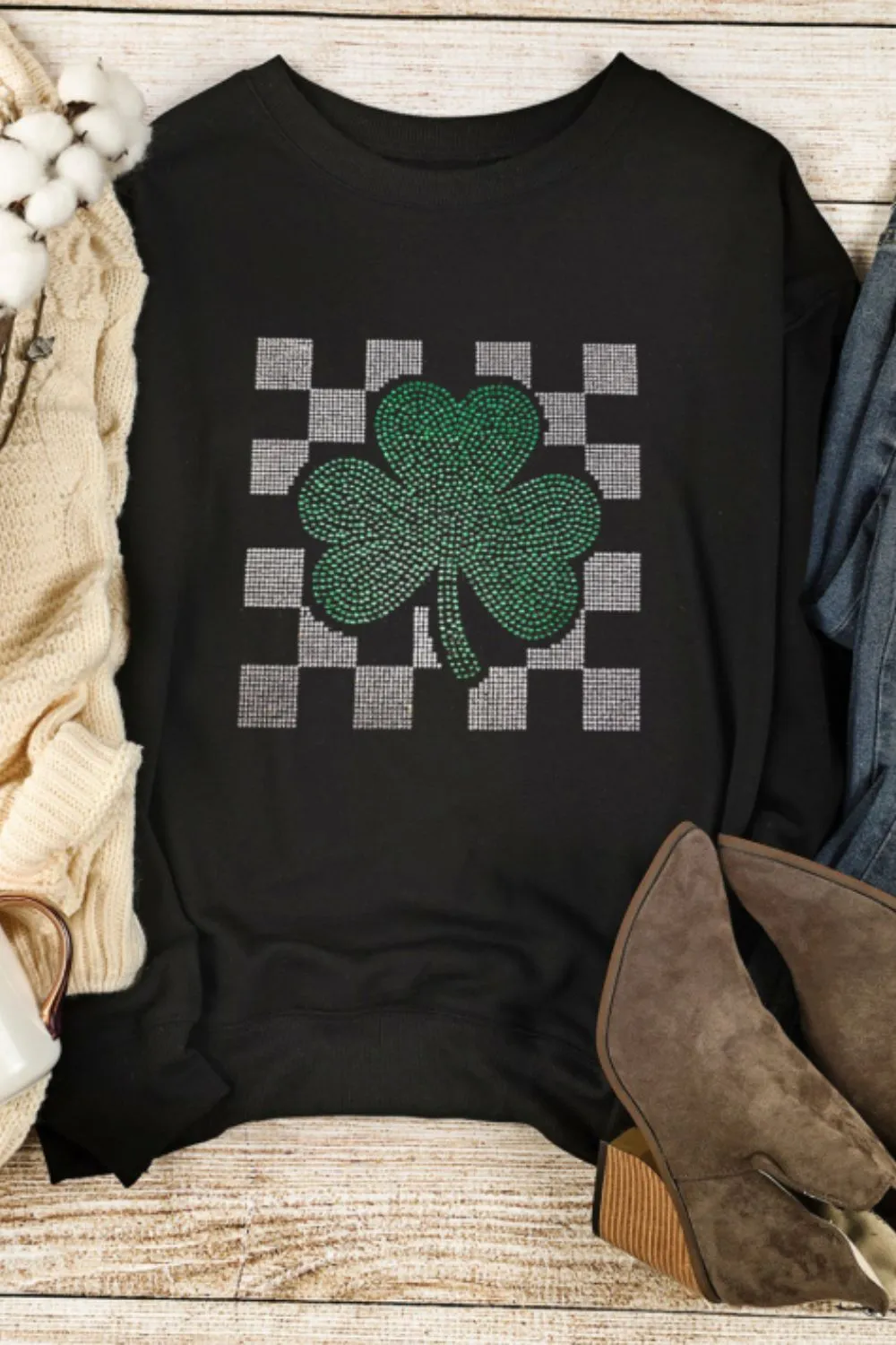 Rhinestone Checkered Lucky Clover Round Neck Sweatshirt sold by Charming Charlie product image thumbnail 5