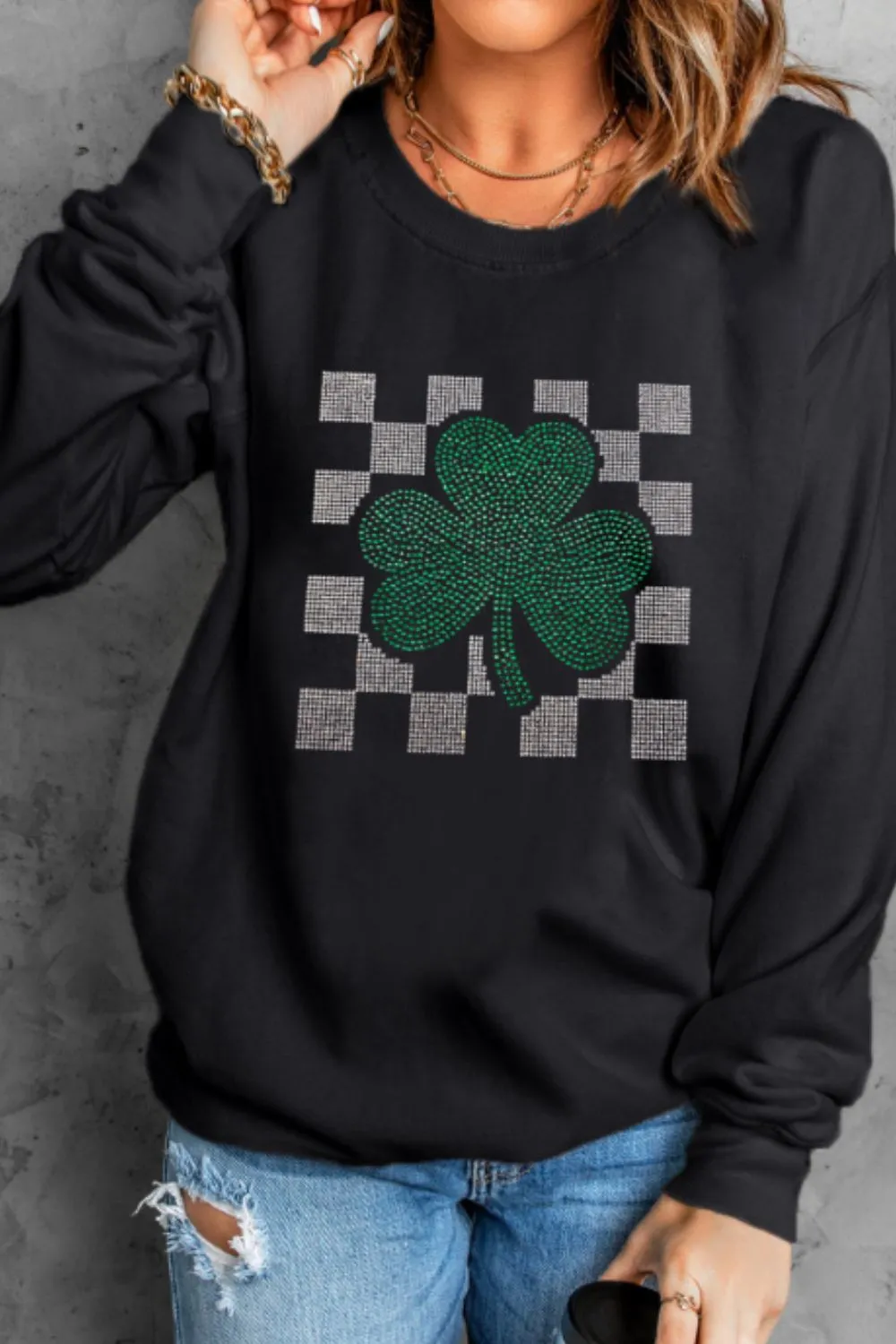 Rhinestone Checkered Lucky Clover Round Neck Sweatshirt sold by Charming Charlie product image thumbnail 2