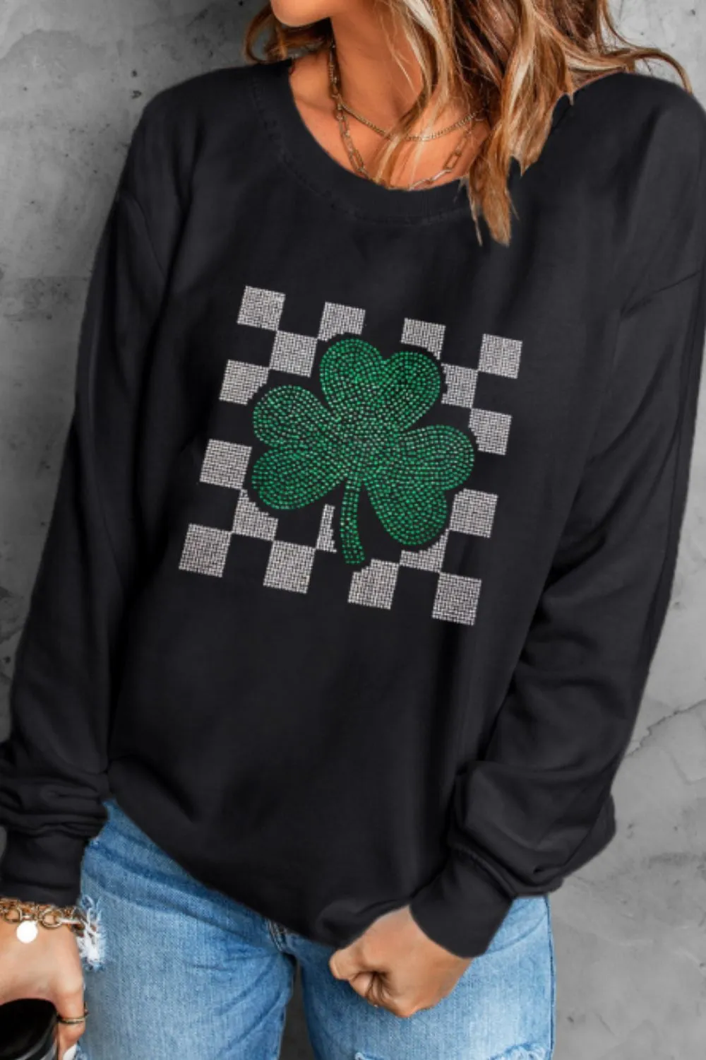 Rhinestone Checkered Lucky Clover Round Neck Sweatshirt sold by Charming Charlie product image thumbnail 3