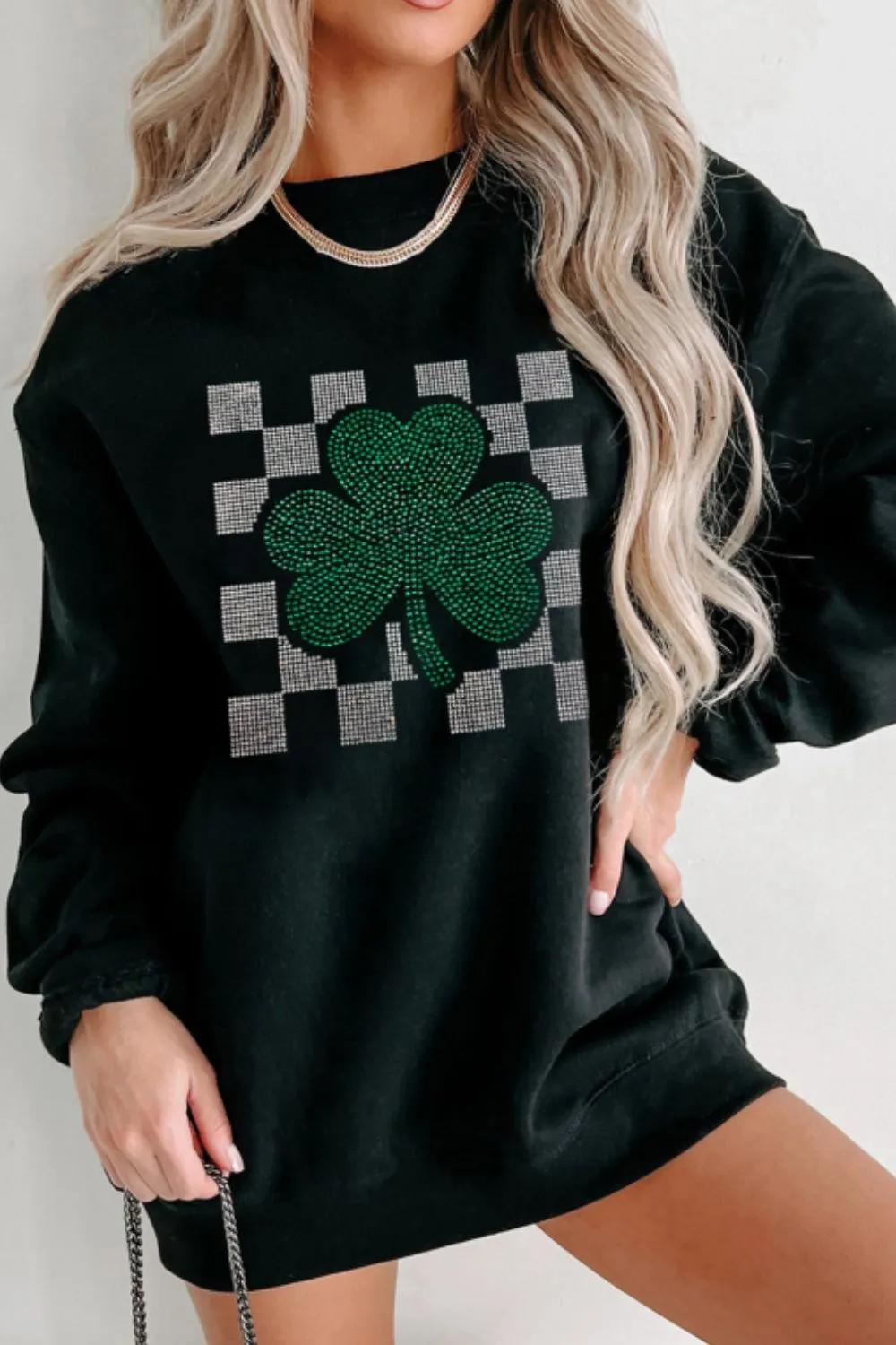 Rhinestone Checkered Lucky Clover Round Neck Sweatshirt sold by Charming Charlie