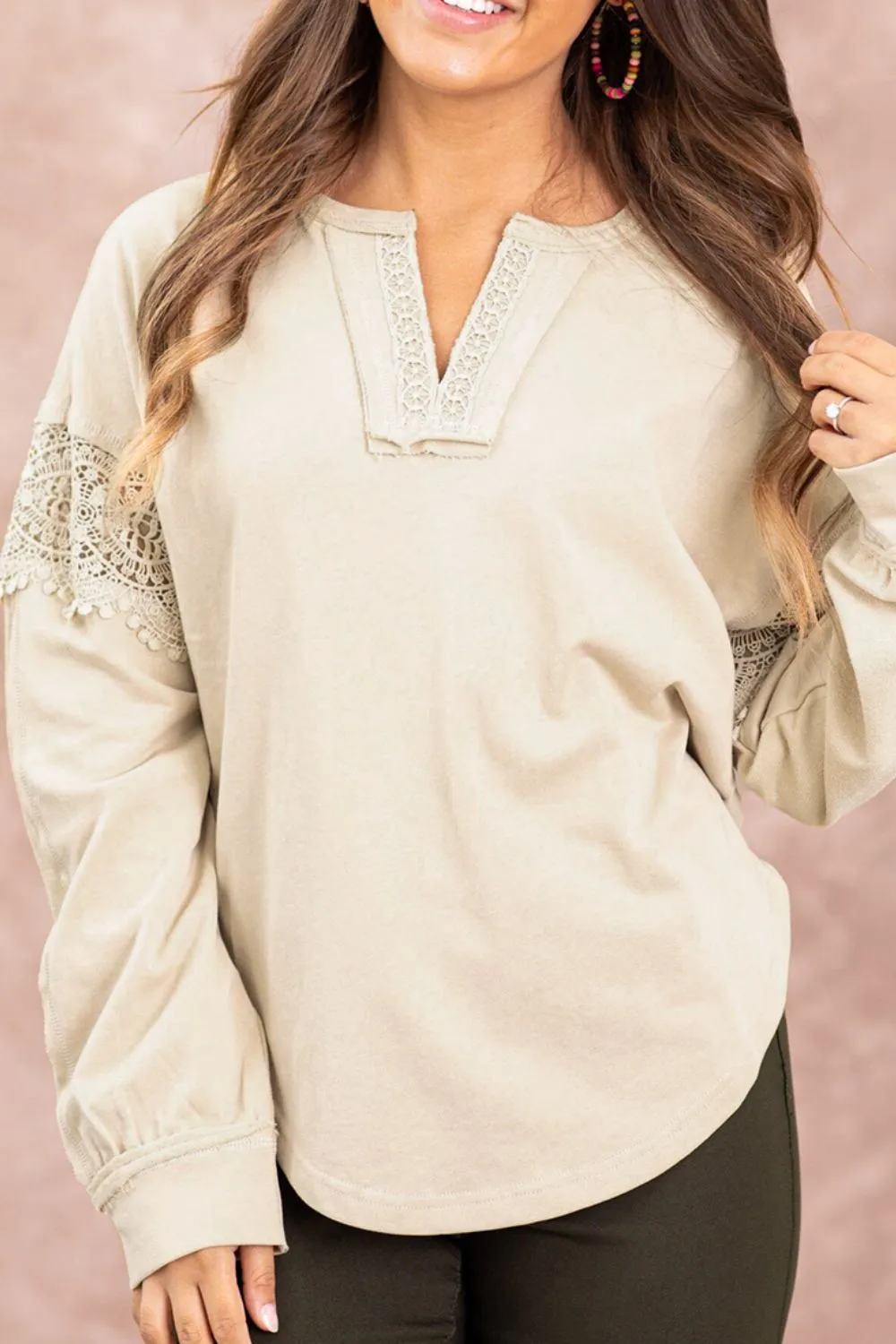 Notched Crochet Long Sleeve Sweatshirt sold by Charming Charlie product image thumbnail 2