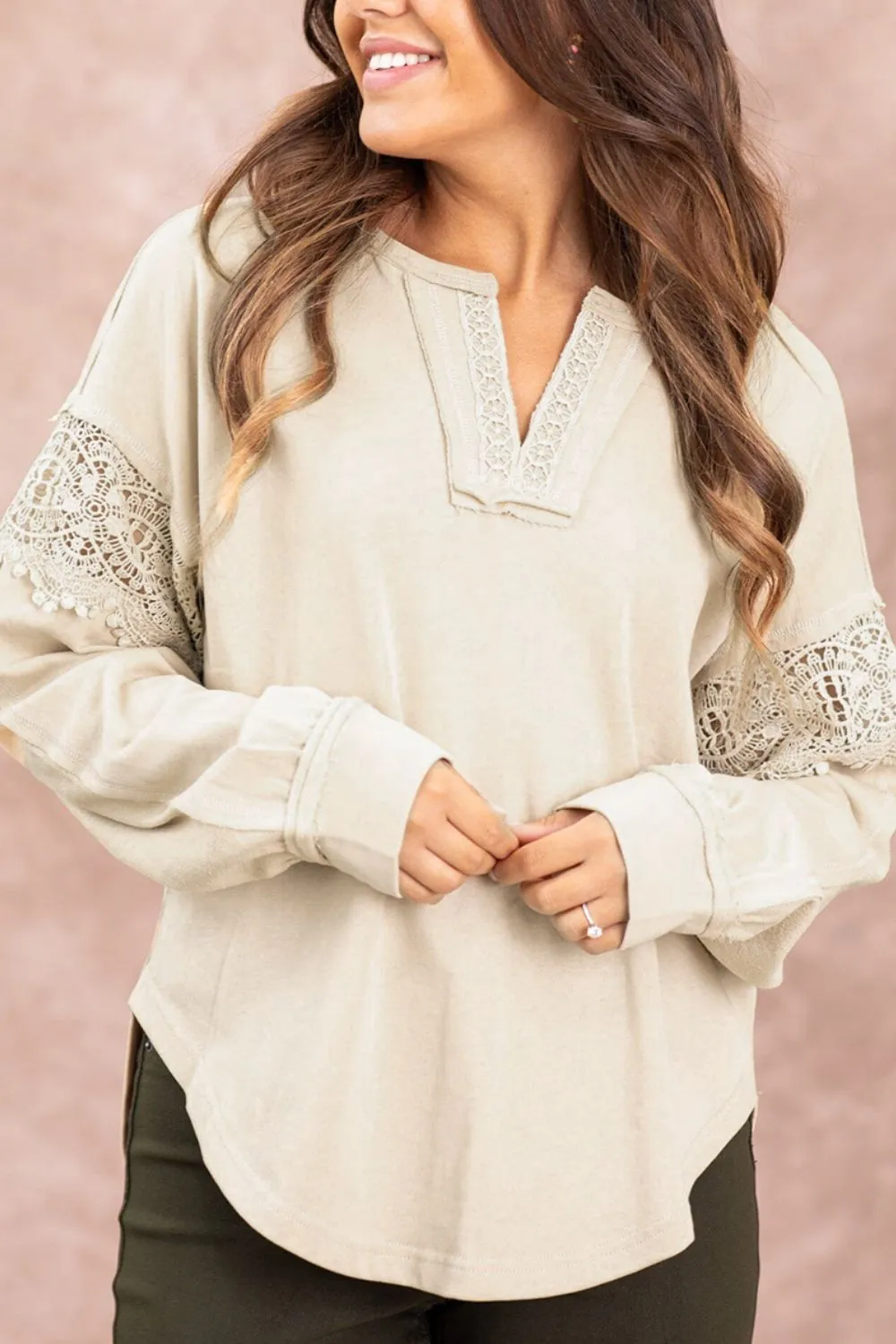 Notched Crochet Long Sleeve Sweatshirt sold by Charming Charlie