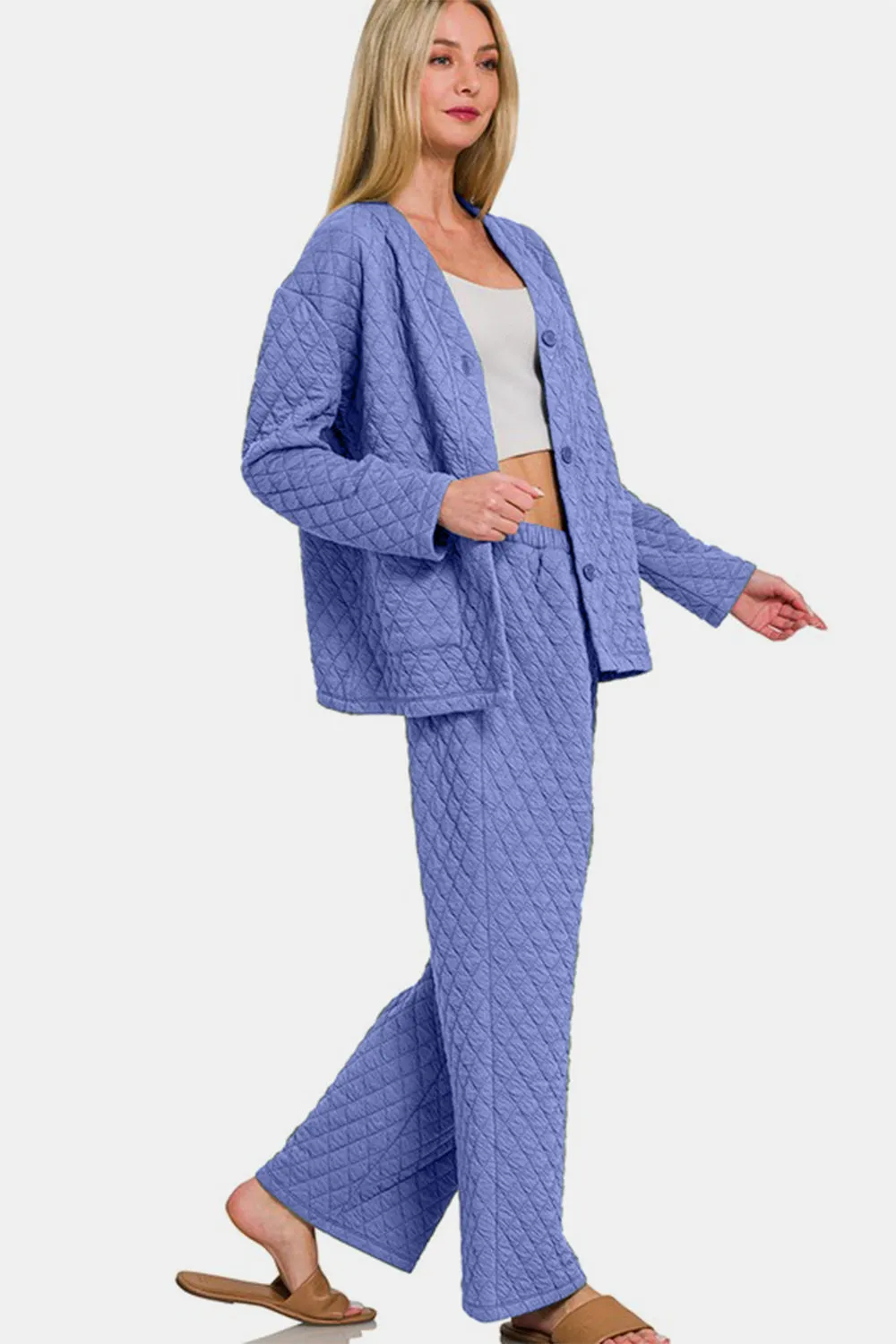 Zenana Quilted Button Up Long Sleeve Top and Pants Lounge Set sold by Charming Charlie product image thumbnail 2