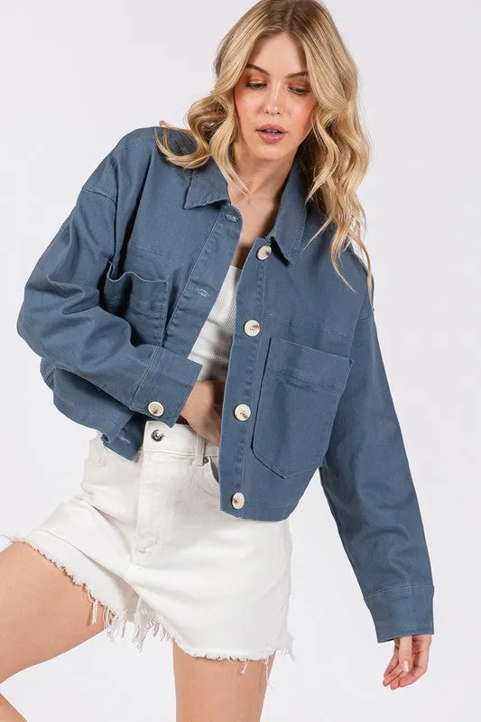 bytos Button Down Cropped Denim Jacket with Patch Pockets sold by Charming Charlie product image thumbnail 3