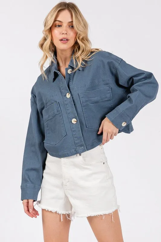 bytos Button Down Cropped Denim Jacket with Patch Pockets sold by Charming Charlie product image thumbnail 4