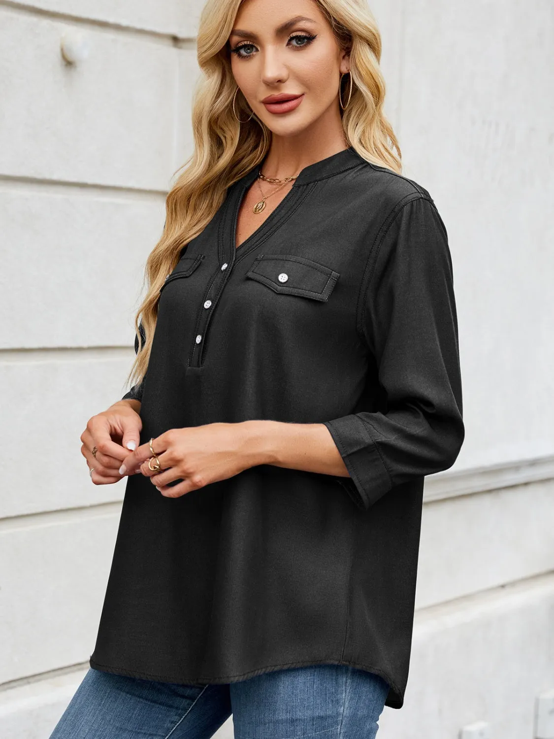 Notched Three-Quarter Sleeve Denim Top sold by Charming Charlie product image thumbnail 2