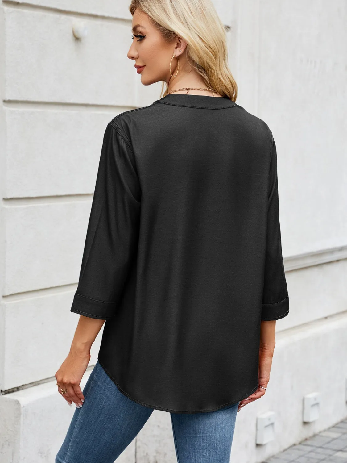 Notched Three-Quarter Sleeve Denim Top sold by Charming Charlie product image thumbnail 3